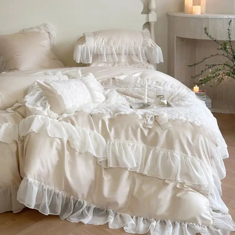 White satin french lace ruffles bedding set for bedroom