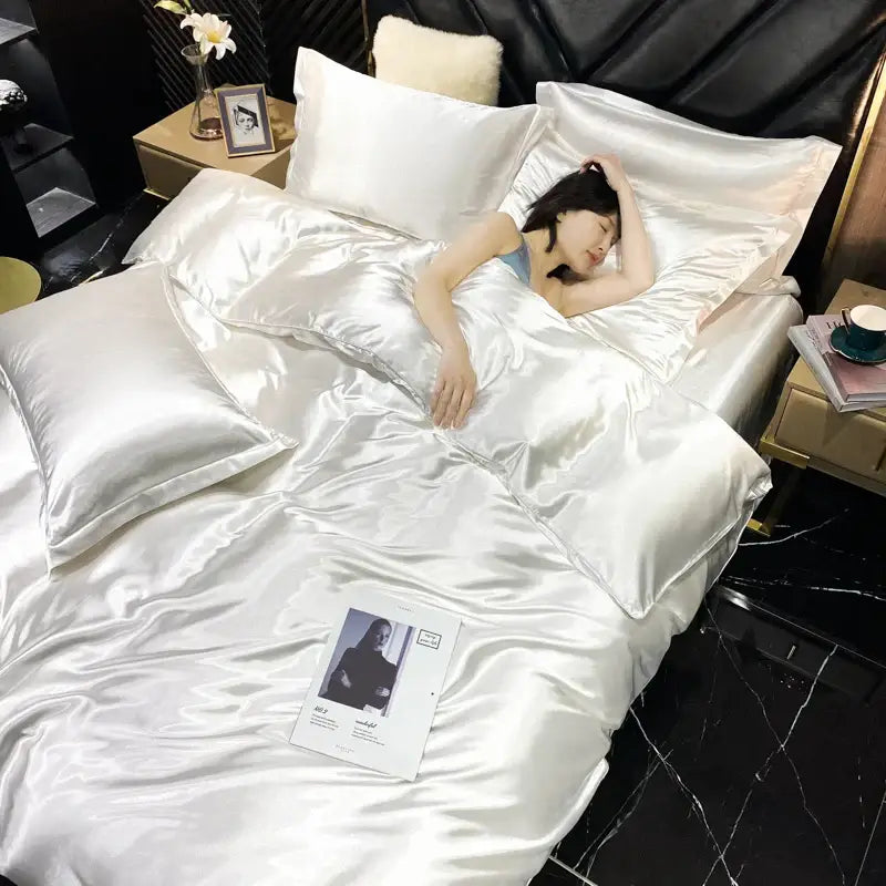 White satin silk blend duvet cover set bedroom bedspread