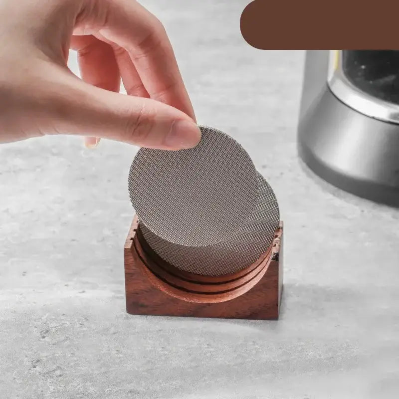 Wooden espresso filter screen holder with gray coasters kitchen stand