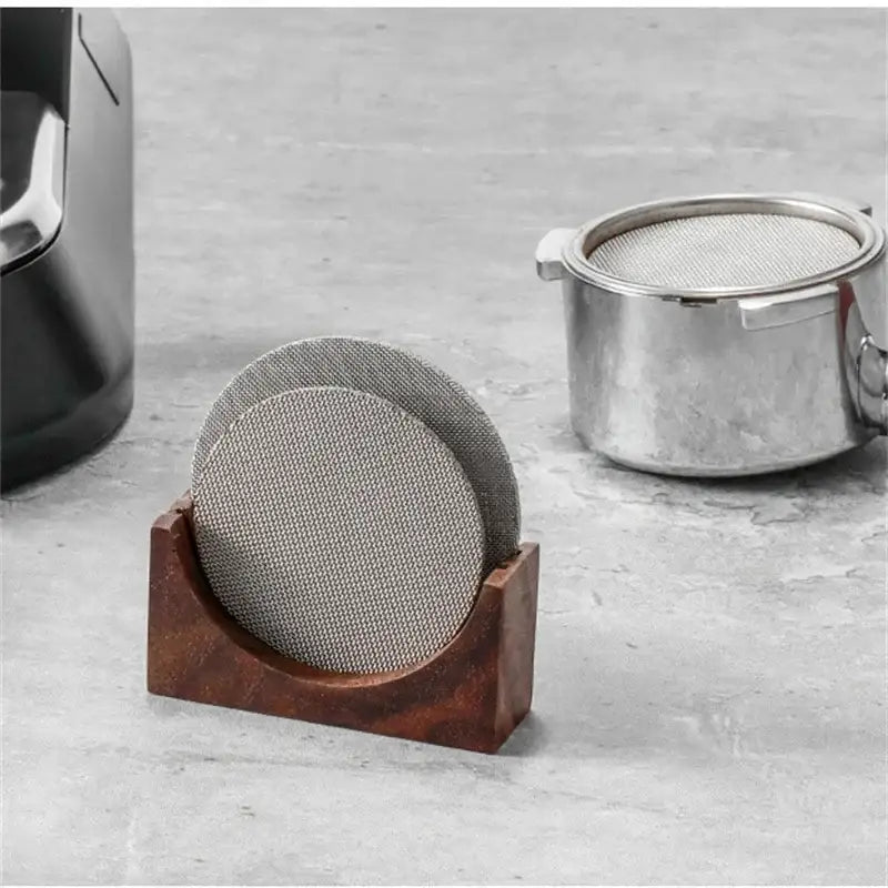 Wooden espresso filter screen holder with gray coasters kitchen stand