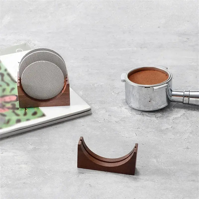 Wooden espresso filter screen holder with gray coasters kitchen stand