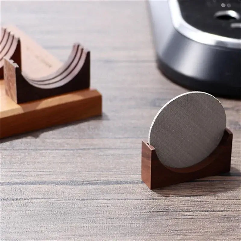 Wooden espresso filter screen holder with gray coasters kitchen stand