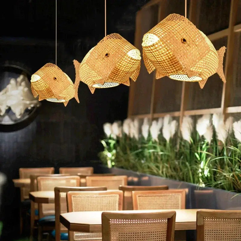 Woven bamboo fish art pendant light for kitchen or living room