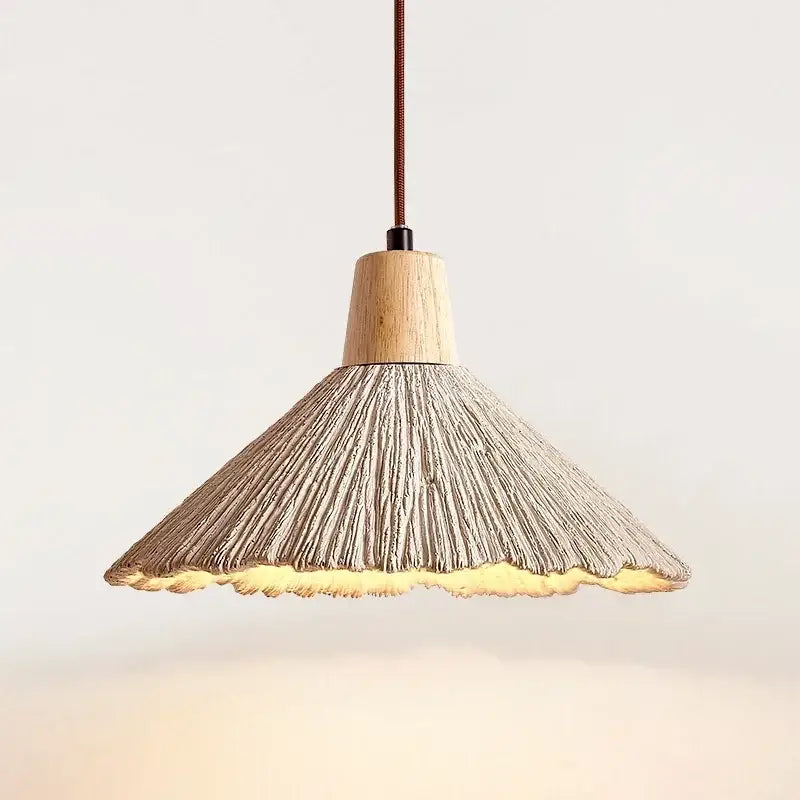 Woven beige pendant light with wood accents for bedroom