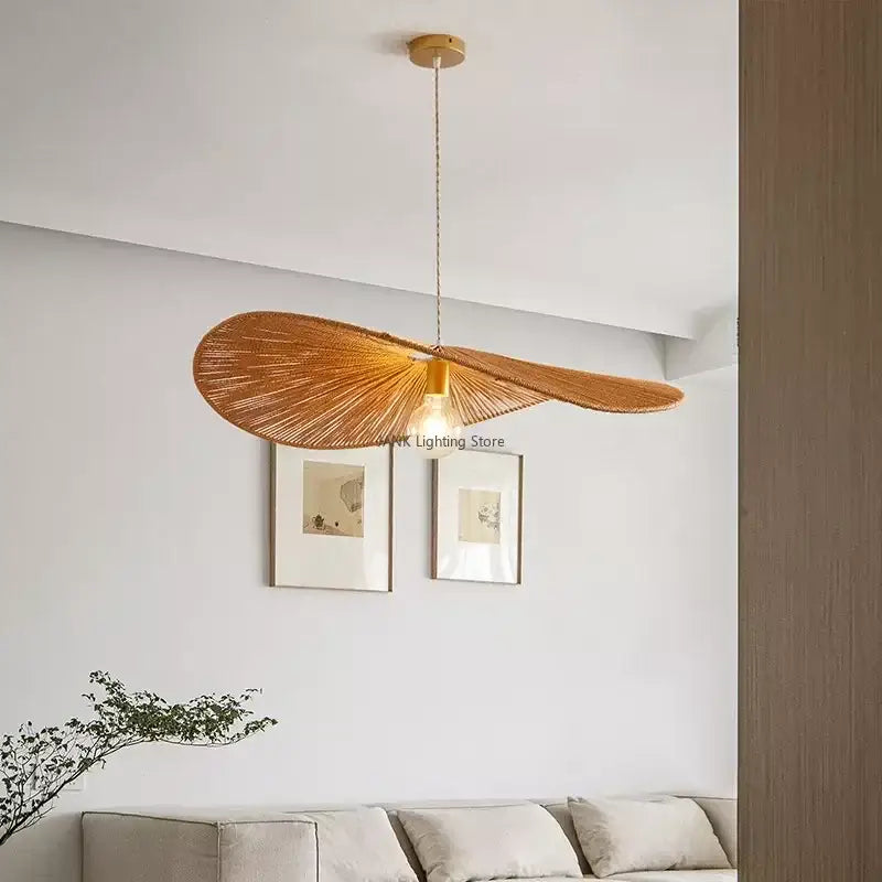 Woven hemp rope straw hat pendant light for living room dining room