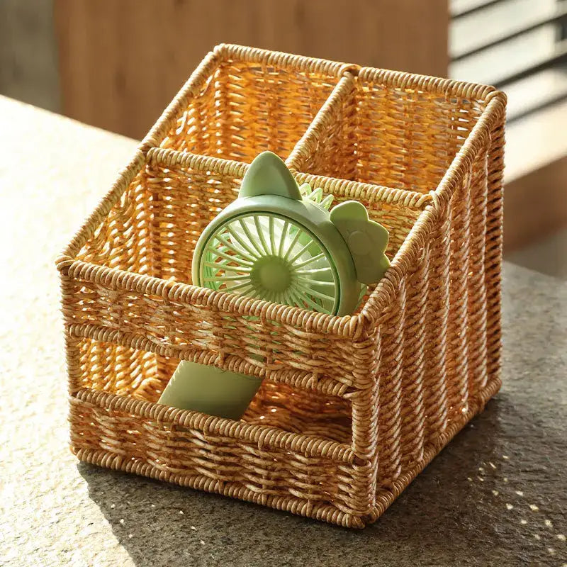 Woven tan desktop tissue box pen holder – living room organizer