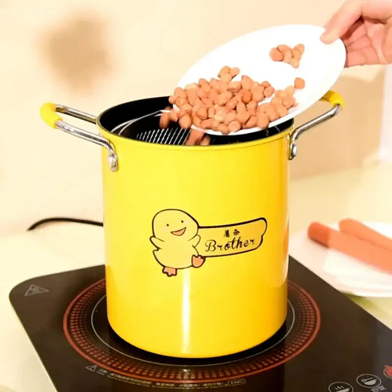 Yellow enamel deep fryer with glass lid kitchen cooking pot