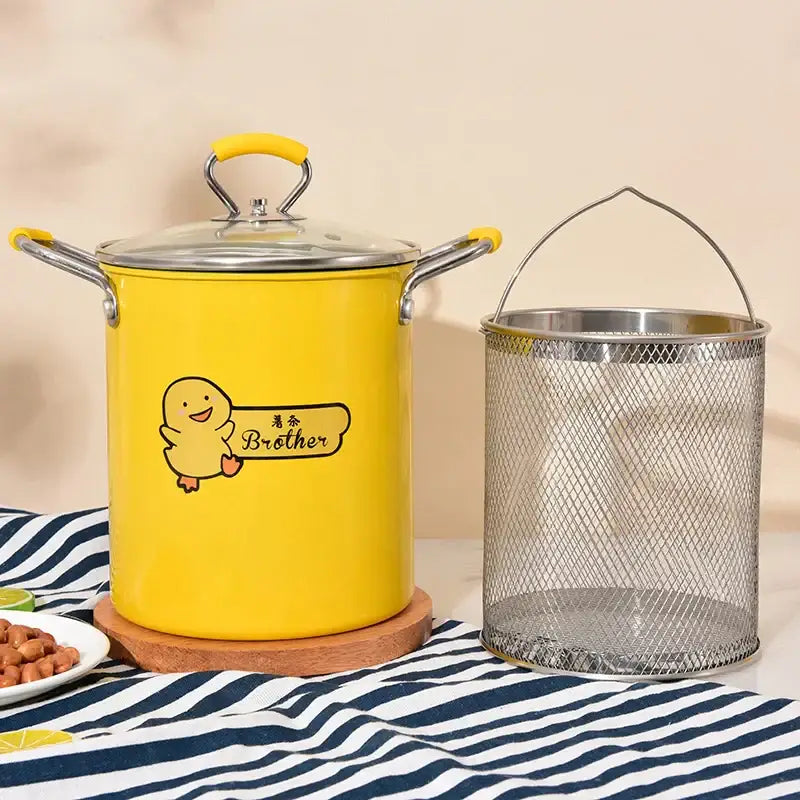 Yellow enamel deep fryer with glass lid kitchen cooking pot