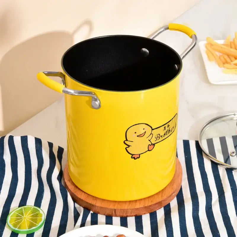 Yellow enamel deep fryer with glass lid kitchen cooking pot