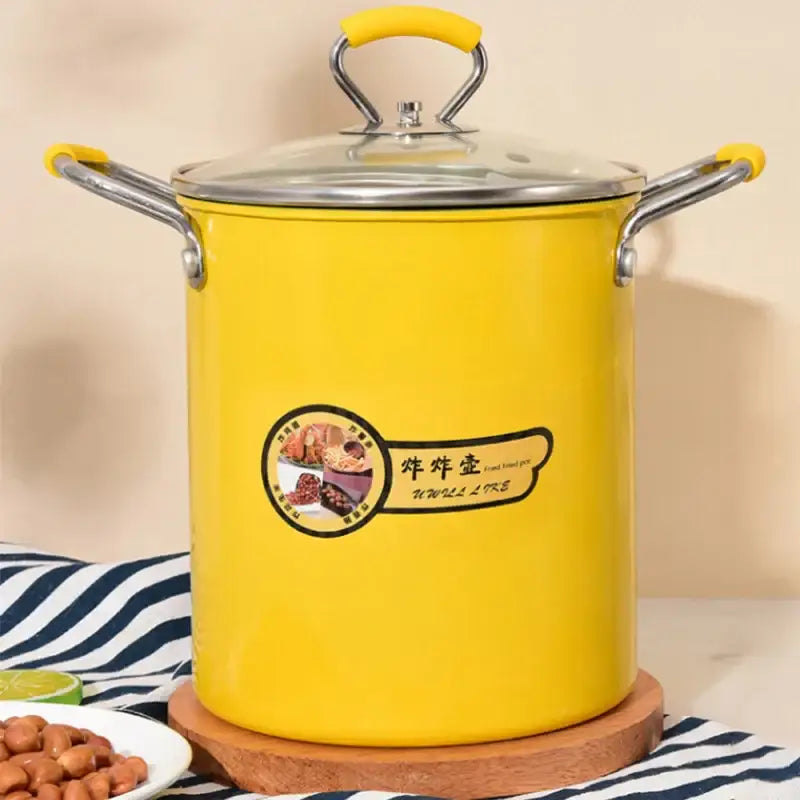 Yellow enamel deep fryer with glass lid kitchen cooking pot