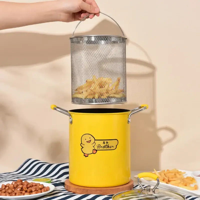 Yellow enamel deep fryer with glass lid kitchen cooking pot