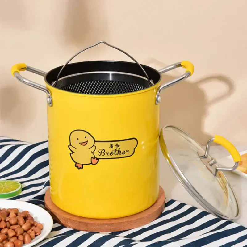 Yellow enamel deep fryer with glass lid kitchen cooking pot