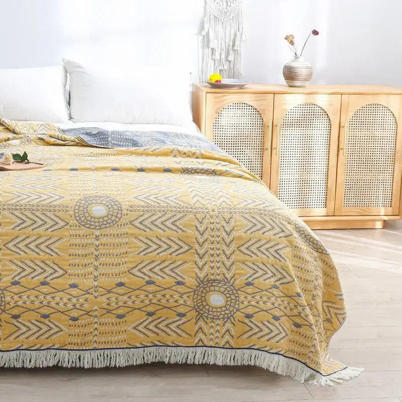 Yellow navy & white cotton gauze soft throw blanket bedroom