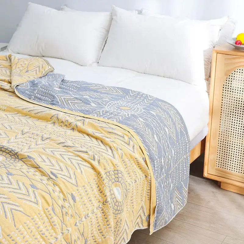 Yellow navy & white cotton gauze soft throw blanket bedroom