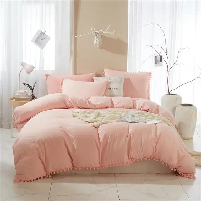 Yellow quilted furball tasseles bedding set bedroom pom pom duvet cover