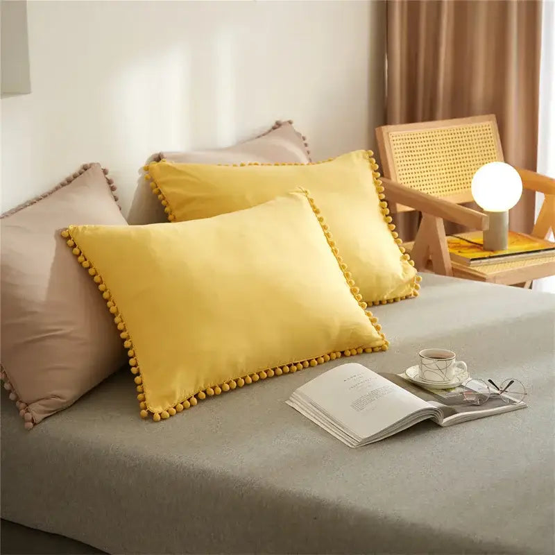 Yellow quilted furball tasseles bedding set bedroom pom pom duvet cover