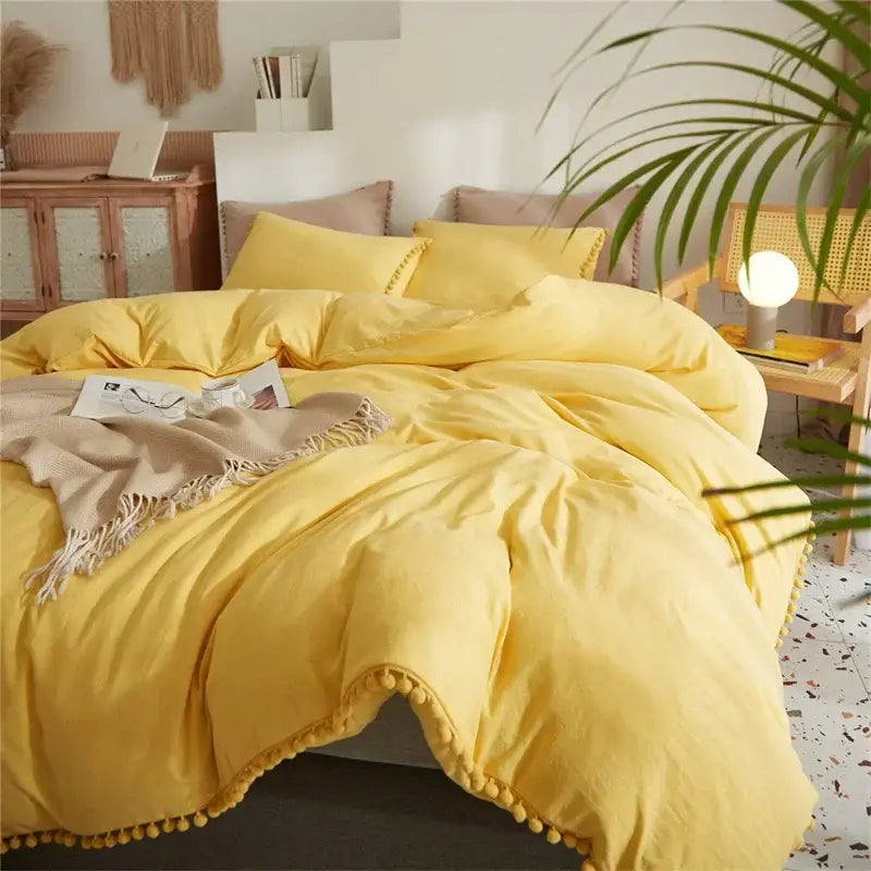 Yellow quilted furball tasseles bedding set bedroom pom pom duvet cover